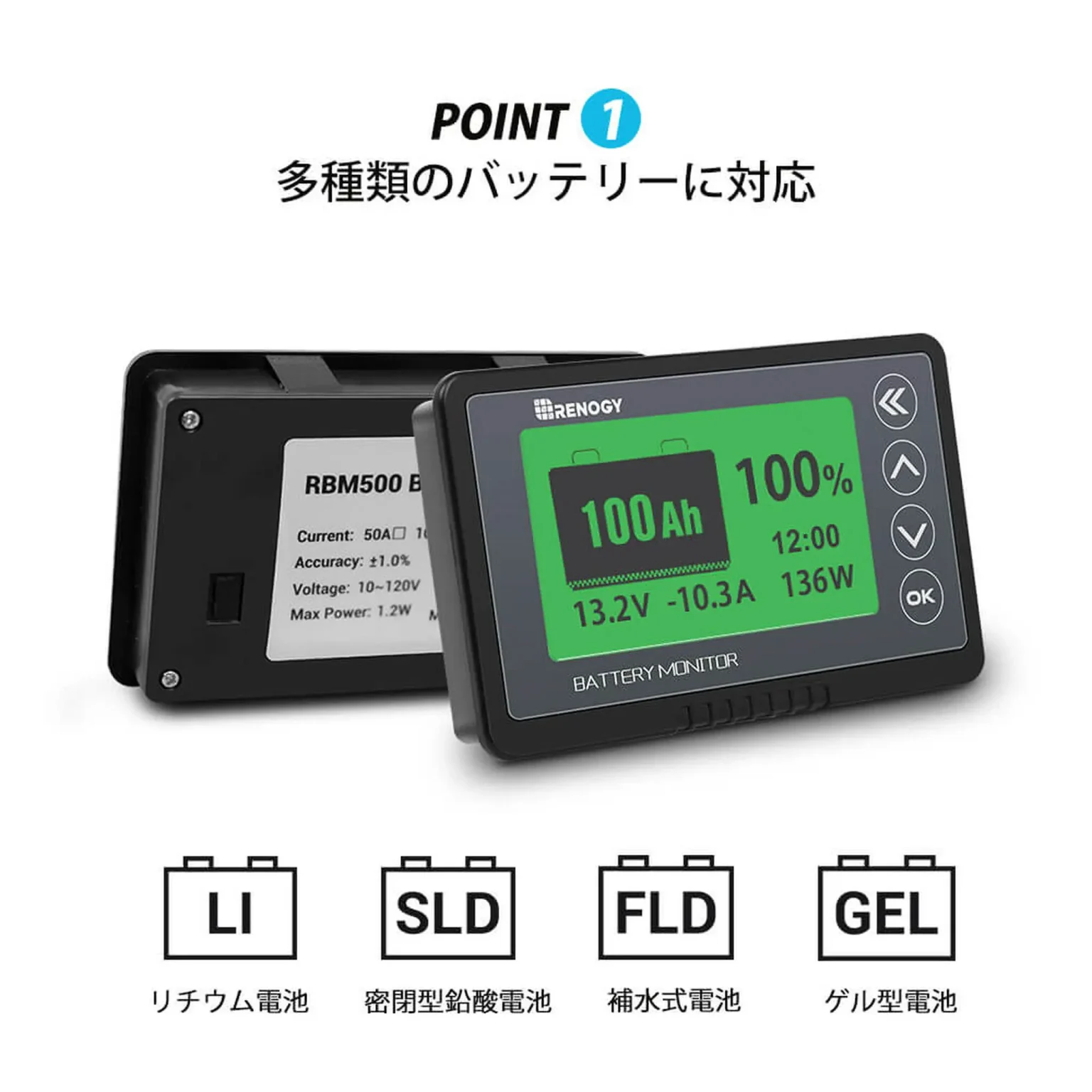 RENOGY RBM500 バッテリーモニター 電圧計＆電流計【G3モデル