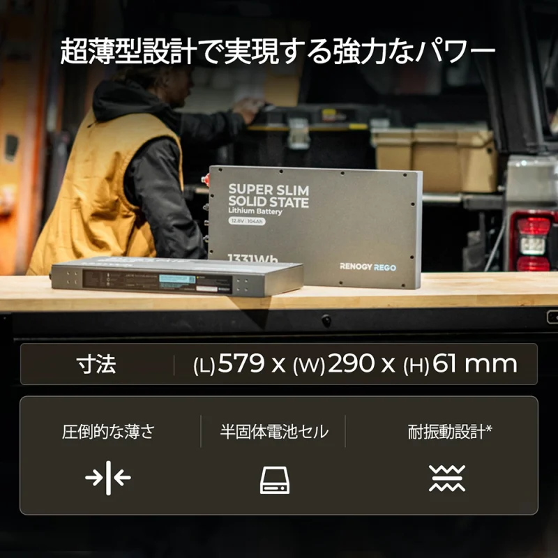 Renogy REGO 12.8V 104Ah 超薄型半個体リン酸鉄リチウムイオンバッテリー 外観サイズ比較